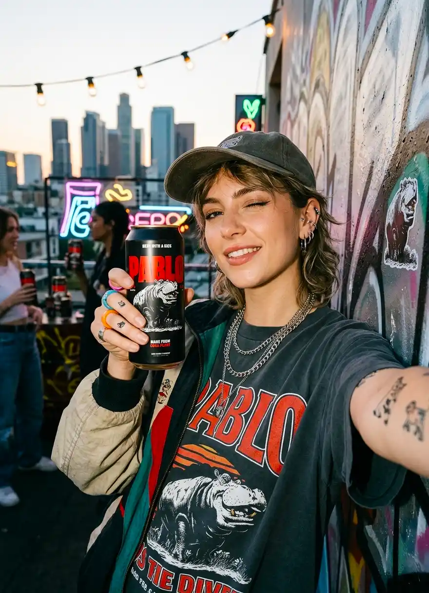 Selfie su una terrazza con lo skyline di Los Angeles: ragazza con felpa Pablo Beer che mostra la lattina